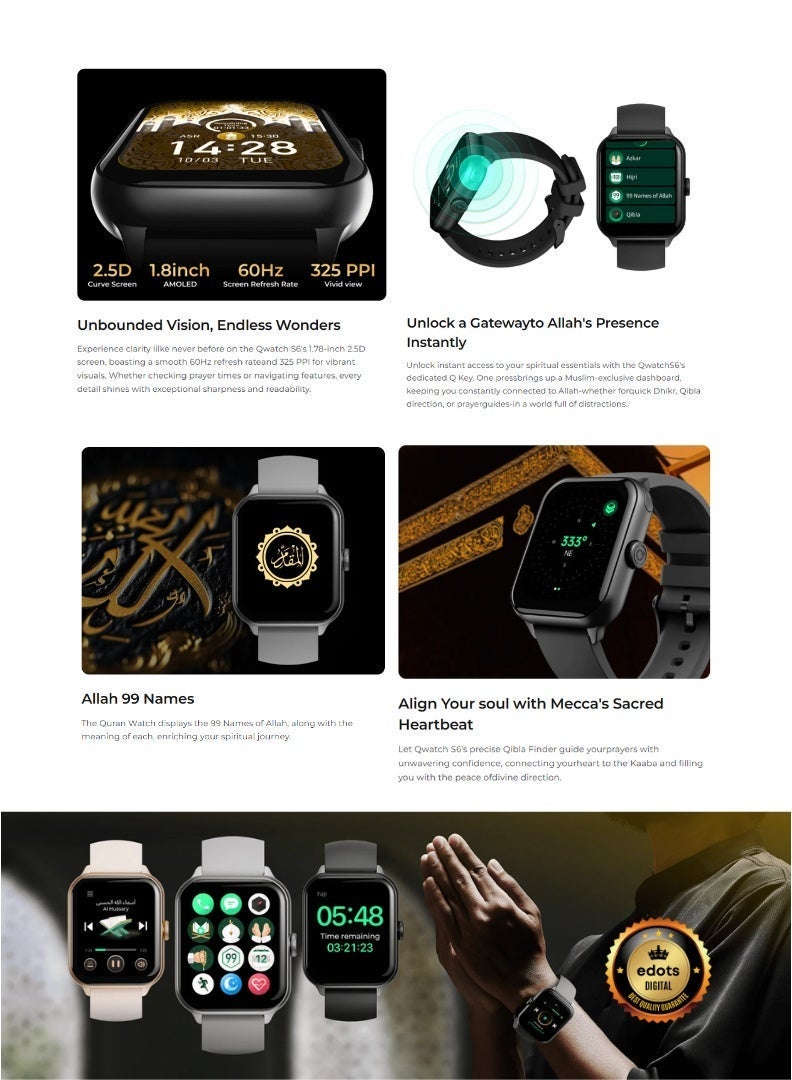 iQIBLA Quran Watch S6 | Smart Islamic Watch with Quran Audio, Tasbih Counter, Qibla Finder & Fitness Tracker - Black - Image 4